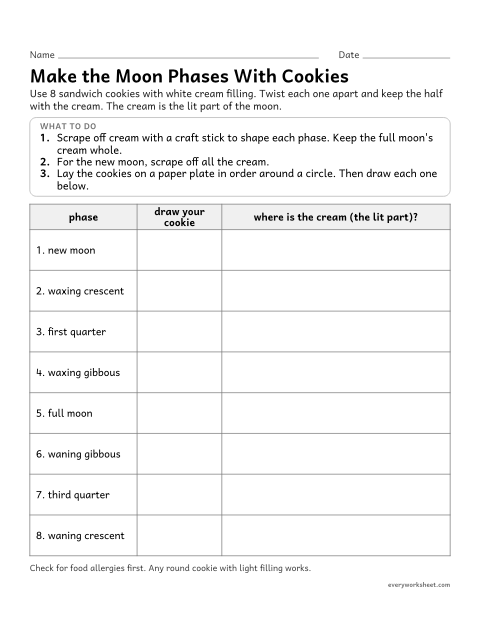 Preview of the printable “Cookie moon phases activity worksheet” worksheet: modeling the phases of the moon with a hands-on activity