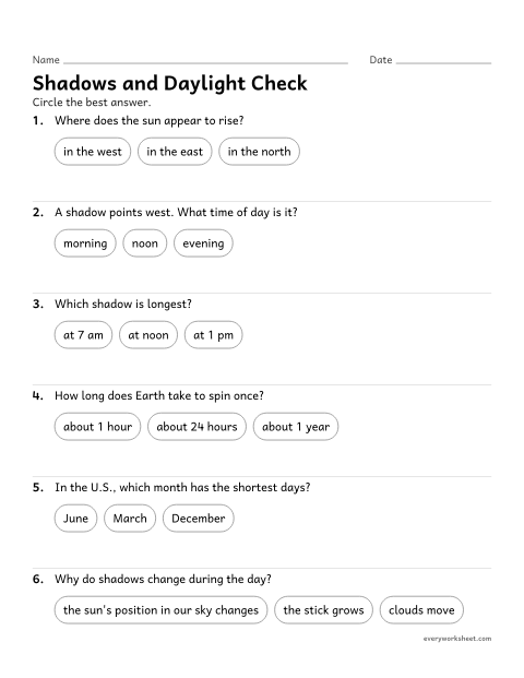 Preview of the printable “Shadows and day length quiz” worksheet: reviewing patterns of shadows, day and night, and day length