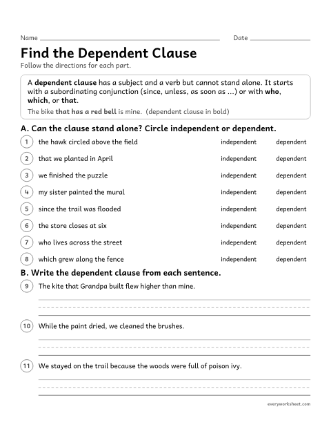 Preview of the printable “Find the dependent clause” worksheet: telling independent from dependent clauses, including relative clauses, and finding the dependent clause in a sentence