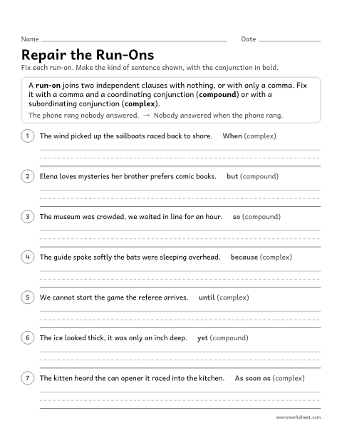 Preview of the printable “Repair the Run-Ons” worksheet: fixing run-ons and comma splices by making compound or complex sentences