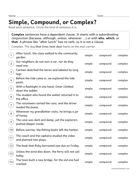 Preview of the printable “Simple, Compound, or Complex?” worksheet: identifying sentence types, including relative clauses, introductory phrases, and dependent clauses that come first