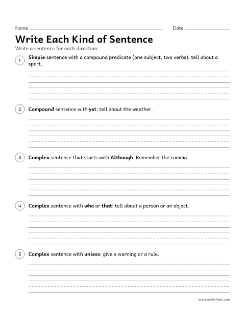 Preview of the printable “Write each kind of sentence” worksheet: writing simple, compound, and complex sentences for a purpose
