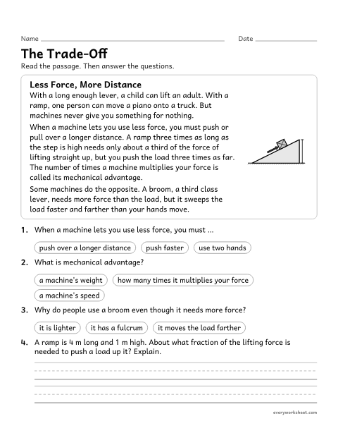 Preview of the printable “Simple machines and mechanical advantage reading passage” worksheet: explaining how simple machines trade force for distance