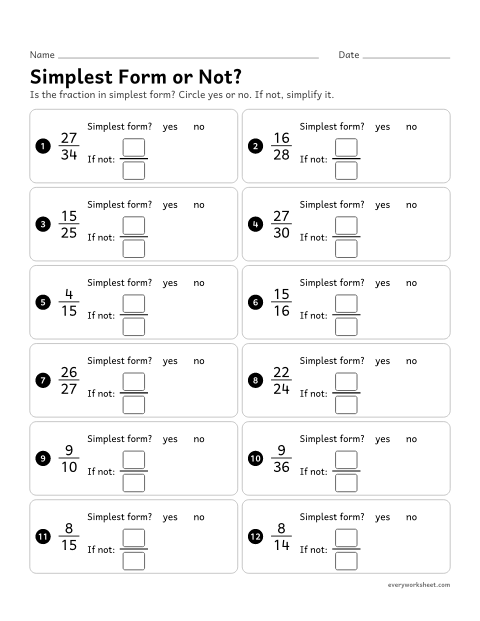 Preview of the printable “Simplest form or Not?” worksheet: deciding whether a fraction is in simplest form, and simplifying the ones that are not