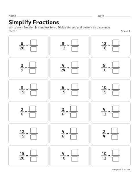 Preview of the printable “Simplify Fractions, sheet A” worksheet: writing fractions with denominators up to 24 in simplest form