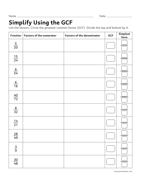 Preview of the printable “Simplify using the GCF” worksheet: listing factors to find the greatest common factor of the numerator and denominator, then dividing both by it