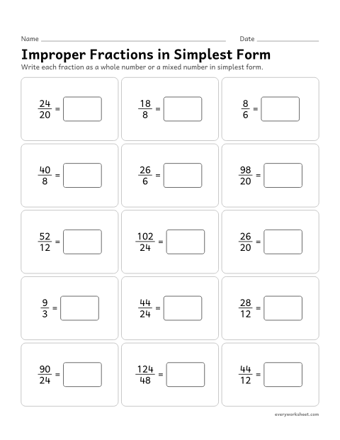 Preview of the printable “Improper fractions in simplest form” worksheet: writing improper fractions as mixed numbers or whole numbers in simplest form, like 14/4 = 3 1/2