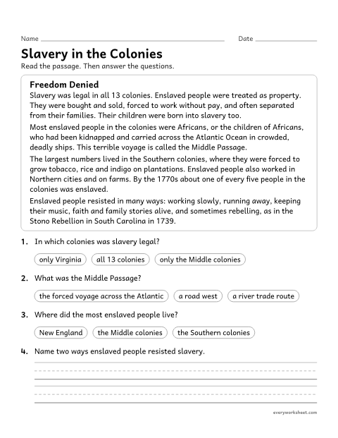 Preview of the printable “Slavery in the 13 colonies reading passage” worksheet: describing slavery in the colonies and how enslaved people resisted it