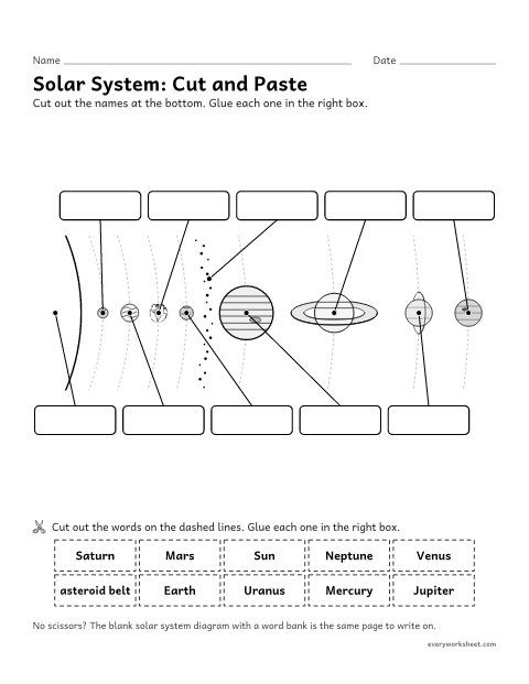 Preview of the printable “Solar system cut and paste worksheet” worksheet: naming the sun, the eight planets in order and the asteroid belt