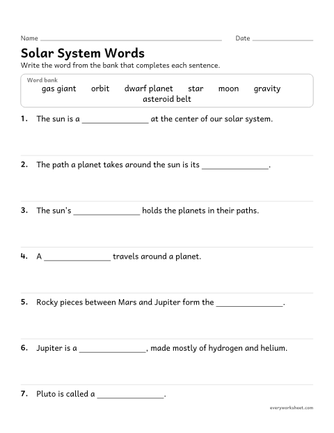 Preview of the printable “Solar system vocabulary fill in the blank” worksheet: using solar system vocabulary in context