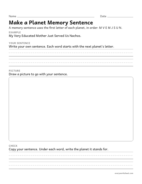 Preview of the printable “Planets mnemonic Worksheet: make a memory sentence” worksheet: remembering the order of the planets with a mnemonic