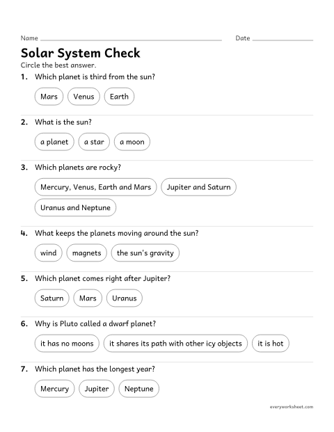 Preview of the printable “Solar system quiz for 5th grade” worksheet: reviewing the planets, the sun and the solar system