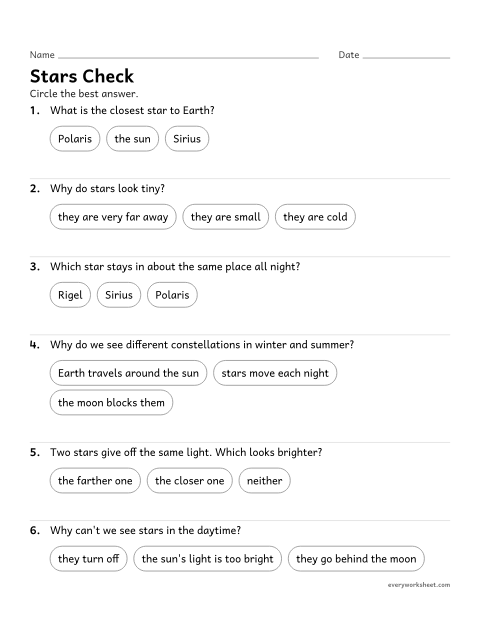 Preview of the printable “Stars and constellations quiz” worksheet: reviewing stars, the sun and constellations