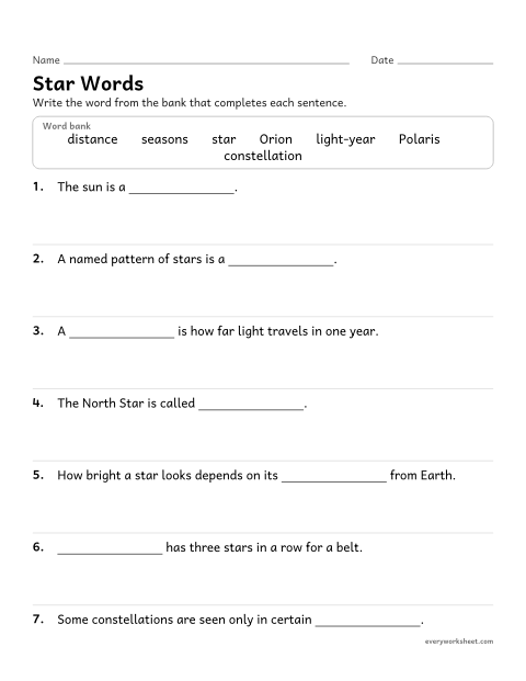 Preview of the printable “Stars and constellations vocabulary worksheet” worksheet: using vocabulary about stars and constellations