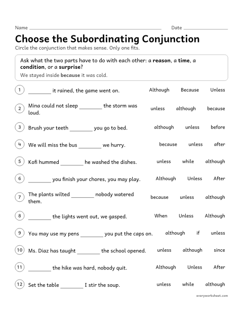 Preview of the printable “Choose the subordinating conjunction” worksheet: choosing a subordinating conjunction that fits the meaning of a sentence