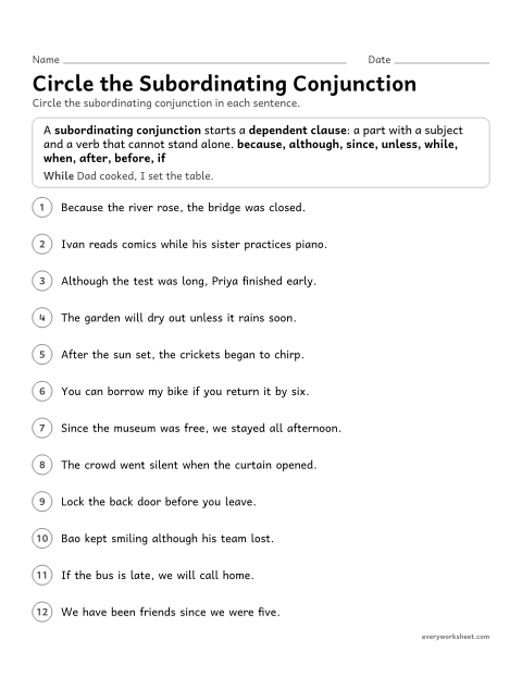 Preview of the printable “Circle the subordinating conjunction” worksheet: finding subordinating conjunctions in sentences