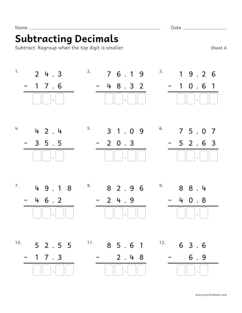 Preview of the printable “Subtracting Decimals, sheet A” worksheet: subtracting decimals to hundredths