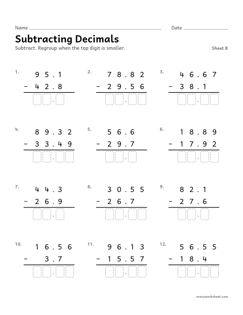 Preview of the printable “Subtracting Decimals, sheet B” worksheet: subtracting decimals to hundredths