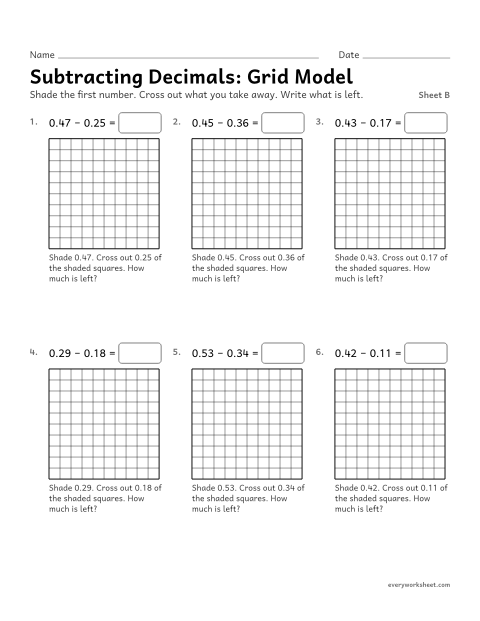 Preview of the printable “Subtracting Decimals: grid Model, sheet B” worksheet: subtracting decimals with hundredths grids