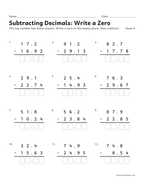 Preview of the printable “Subtracting Decimals: write a Zero, sheet A” worksheet: subtracting decimals when the top number has fewer places