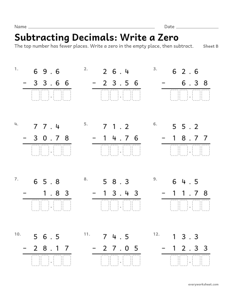 Preview of the printable “Subtracting Decimals: write a Zero, sheet B” worksheet: subtracting decimals when the top number has fewer places
