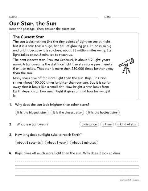 Preview of the printable “The sun is a Star: reading passage for 5th grade” worksheet: explaining that the sun is a star that appears brighter because it is closer