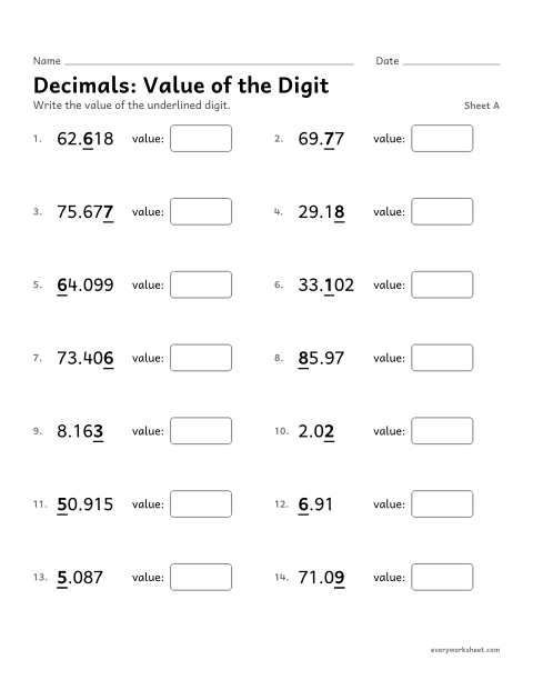 Preview of the printable “Decimals: value of the Digit, sheet A” worksheet: finding the value of a digit in a decimal