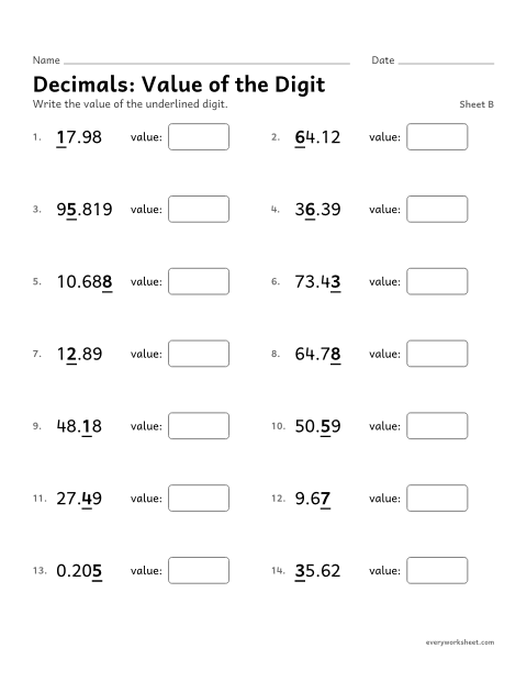 Preview of the printable “Decimals: value of the Digit, sheet B” worksheet: finding the value of a digit in a decimal