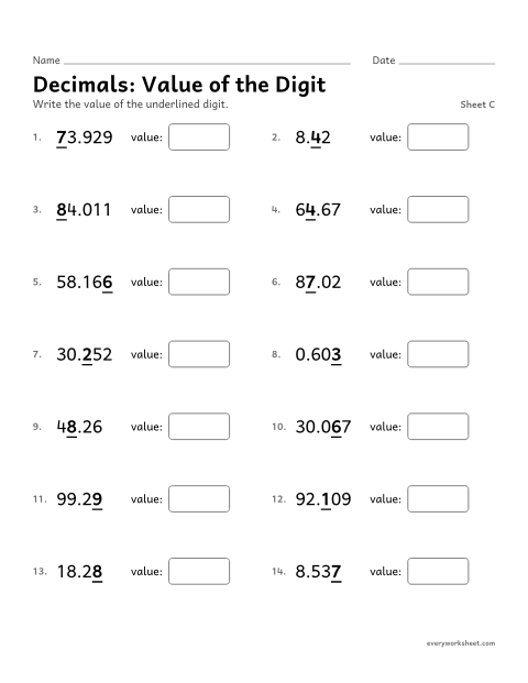 Preview of the printable “Decimals: value of the Digit, sheet C” worksheet: finding the value of a digit in a decimal