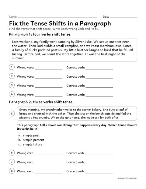 Preview of the printable “Fix the tense shifts in a paragraph” worksheet: finding and correcting inappropriate shifts in verb tense in a paragraph