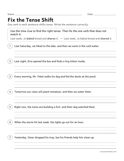 Preview of the printable “Fix the tense shift” worksheet: correcting inappropriate shifts in verb tense in sentences