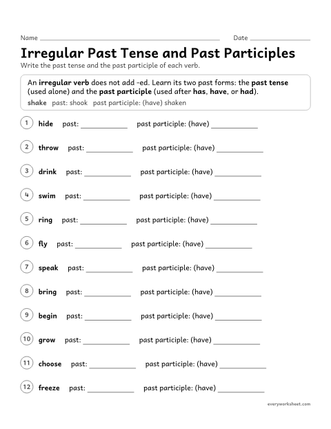 Preview of the printable “Irregular past tense and past participles” worksheet: forming the past tense and the past participle of irregular verbs