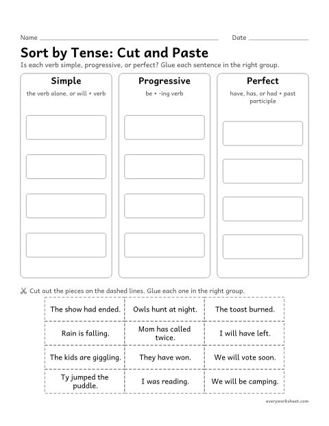 Preview of the printable “Sort by Tense: cut and paste” worksheet: sorting sentences by simple, progressive, and perfect tense (cut and paste)