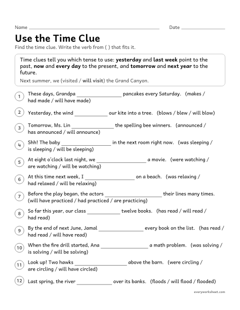 Preview of the printable “Use the time clue” worksheet: choosing the verb tense that fits a time clue
