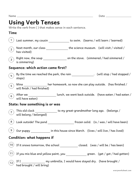 Preview of the printable “Using verb tenses” worksheet: using verb tense to show time, sequence, state, and condition