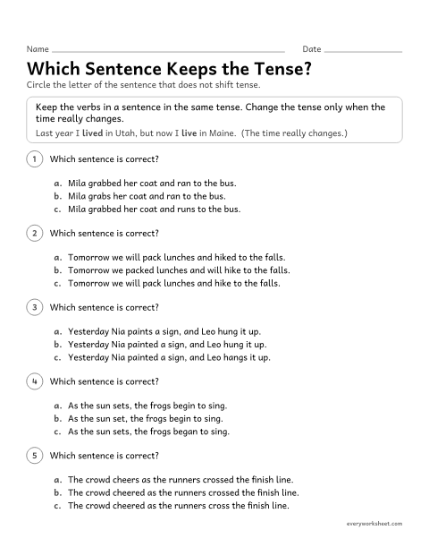 Preview of the printable “Which sentence keeps the Tense?” worksheet: recognizing inappropriate shifts in verb tense