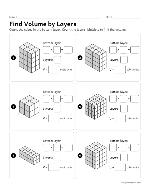 Preview of the printable “Find volume by layers” worksheet: counting the cubes in one layer, then multiplying by the number of layers: volume = base × height