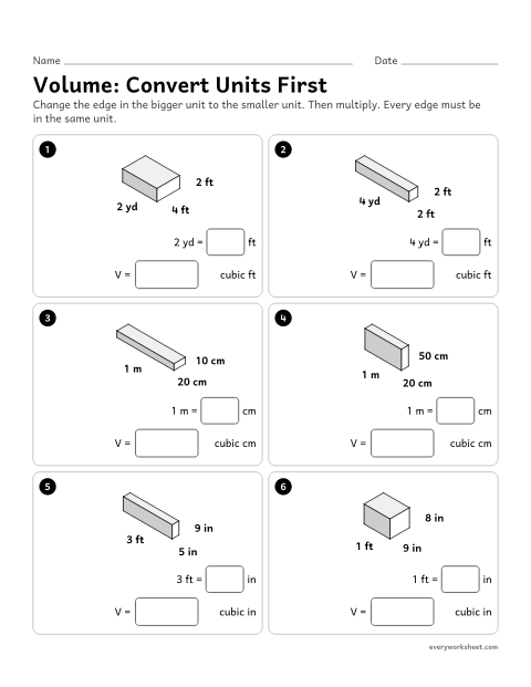 Preview of the printable “Volume: convert units first” worksheet: changing every edge to the same unit before multiplying, like 2 ft by 6 in by 4 in = 24 in by 6 in by 4 in
