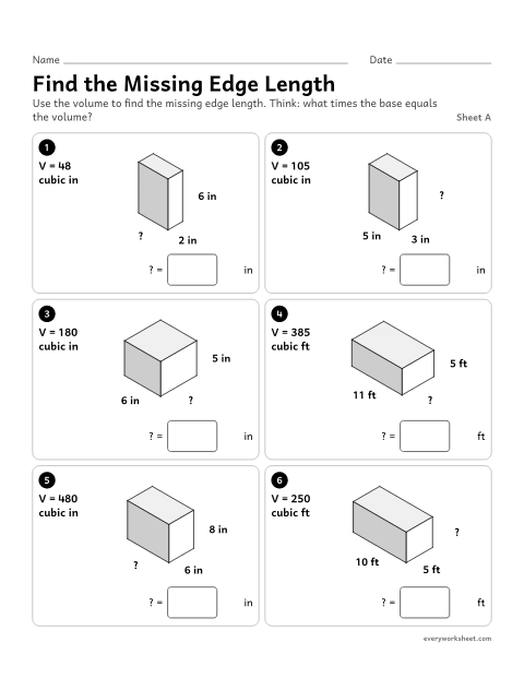 Preview of the printable “Find the missing edge Length, sheet A” worksheet: finding an unknown edge of a rectangular prism from its volume and the other two edges