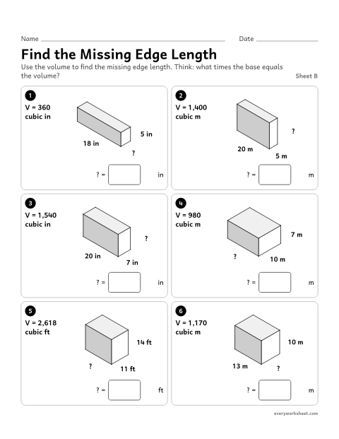 Preview of the printable “Find the missing edge Length, sheet B” worksheet: finding an unknown edge of a larger rectangular prism by dividing the volume by the area of a face