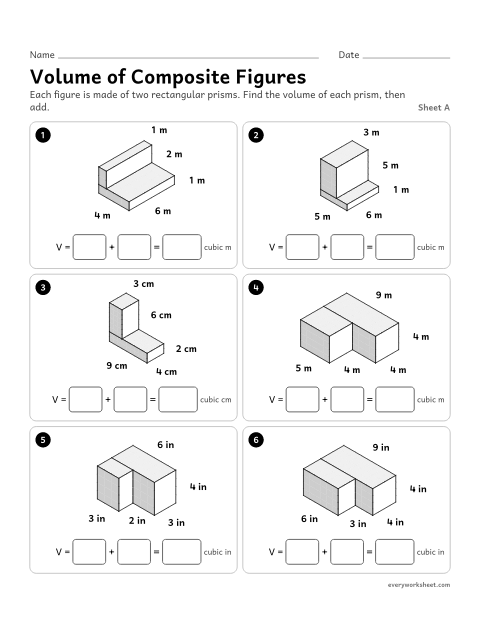 Preview of the printable “Volume of composite Figures, sheet A” worksheet: finding the volume of a figure made of two rectangular prisms by adding the two volumes