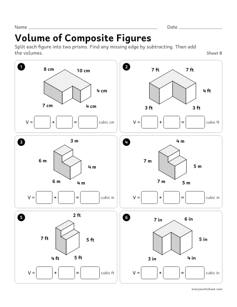 Preview of the printable “Volume of composite Figures, sheet B” worksheet: finding the volume of figures made of two prisms when one edge must be found by subtracting