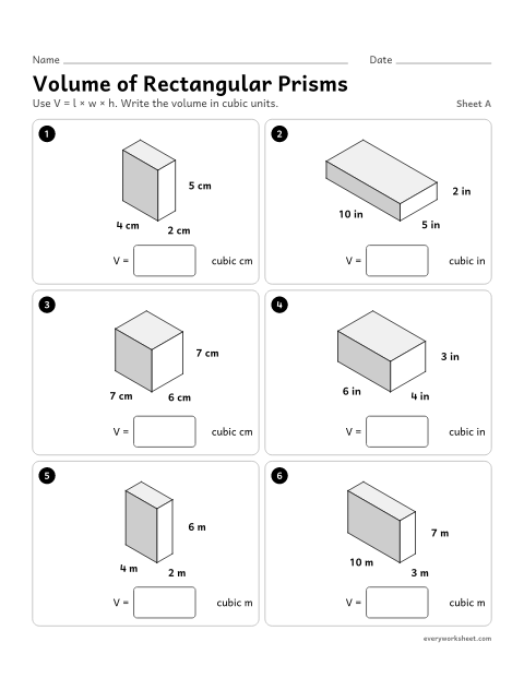 Preview of the printable “Volume of rectangular Prisms, sheet A” worksheet: using V = l × w × h to find the volume of rectangular prisms with whole-number edges