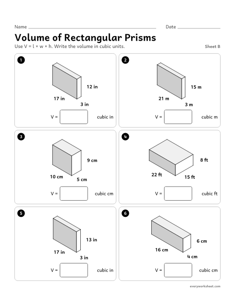 Preview of the printable “Volume of rectangular Prisms, sheet B” worksheet: using V = l × w × h for prisms with two-digit edge lengths