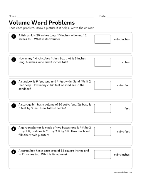 Preview of the printable “Volume word problems” worksheet: solving real-world volume problems with V = l × w × h, V = B × h and figures made of two prisms