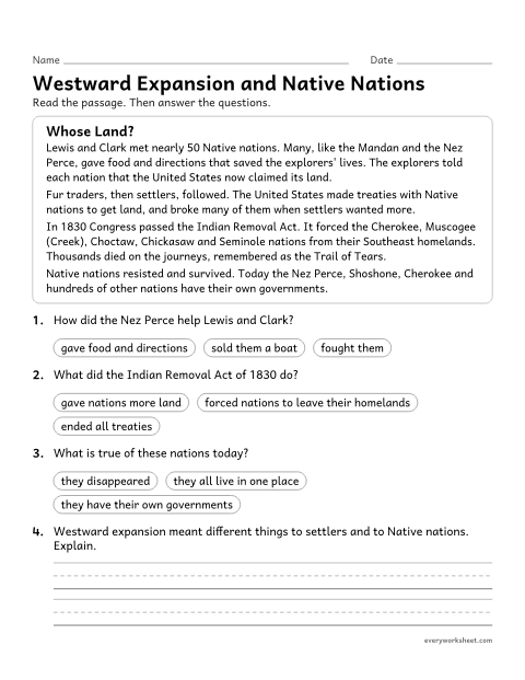 Preview of the printable “Westward expansion and native nations reading passage” worksheet: explaining the effects of westward expansion on Native nations