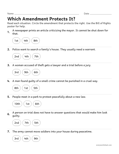Preview of the printable “Bill of rights scenarios Worksheet: which Amendment?” worksheet: applying the Bill of Rights to everyday situations