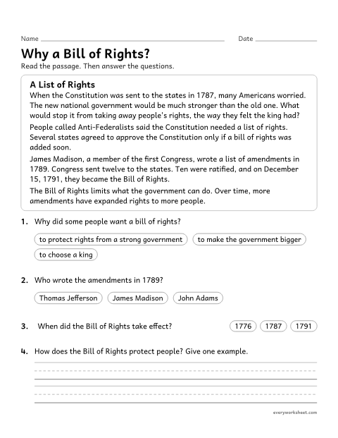 Preview of the printable “Why was the bill of rights Added? reading passage” worksheet: explaining why the Bill of Rights was added to the Constitution