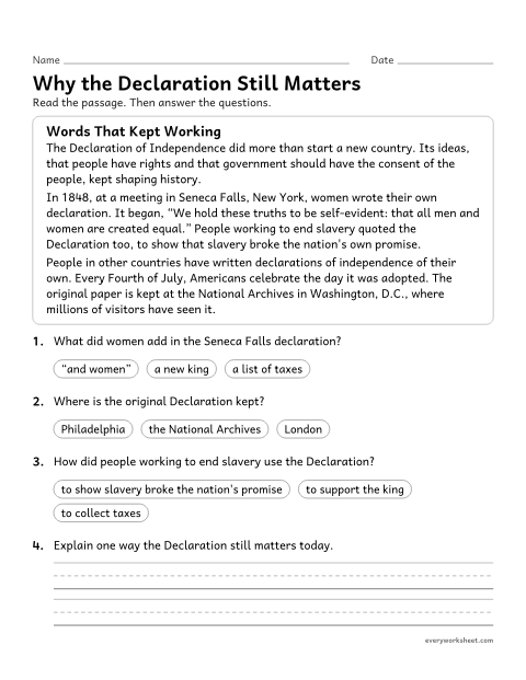 Preview of the printable “Why the declaration of independence matters reading” worksheet: explaining the lasting importance of the Declaration of Independence