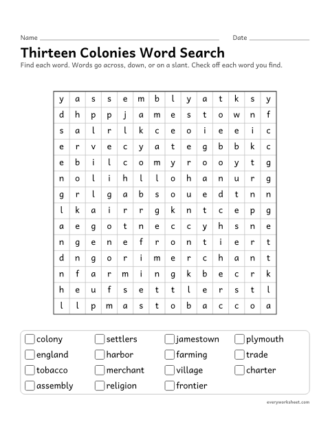 Preview of the printable “Thirteen colonies word search” worksheet: reading and finding colonial history words (colony, settlers, Jamestown)